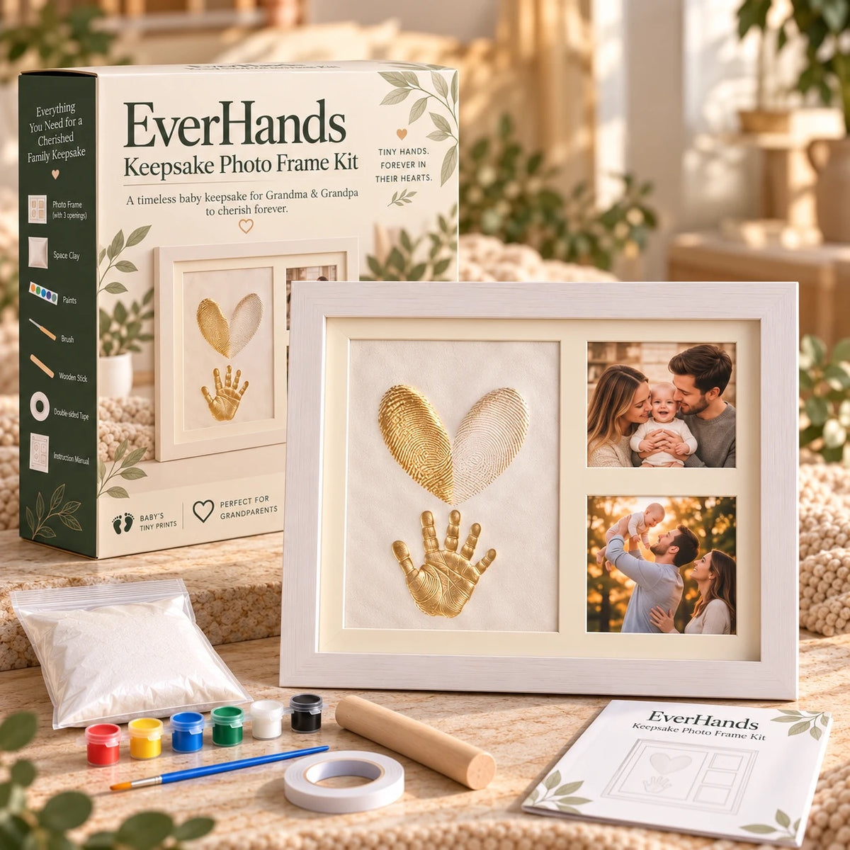 EverHands Keepsake Photo Frame Kit with gold thumbprint heart, baby handprint and two family photos