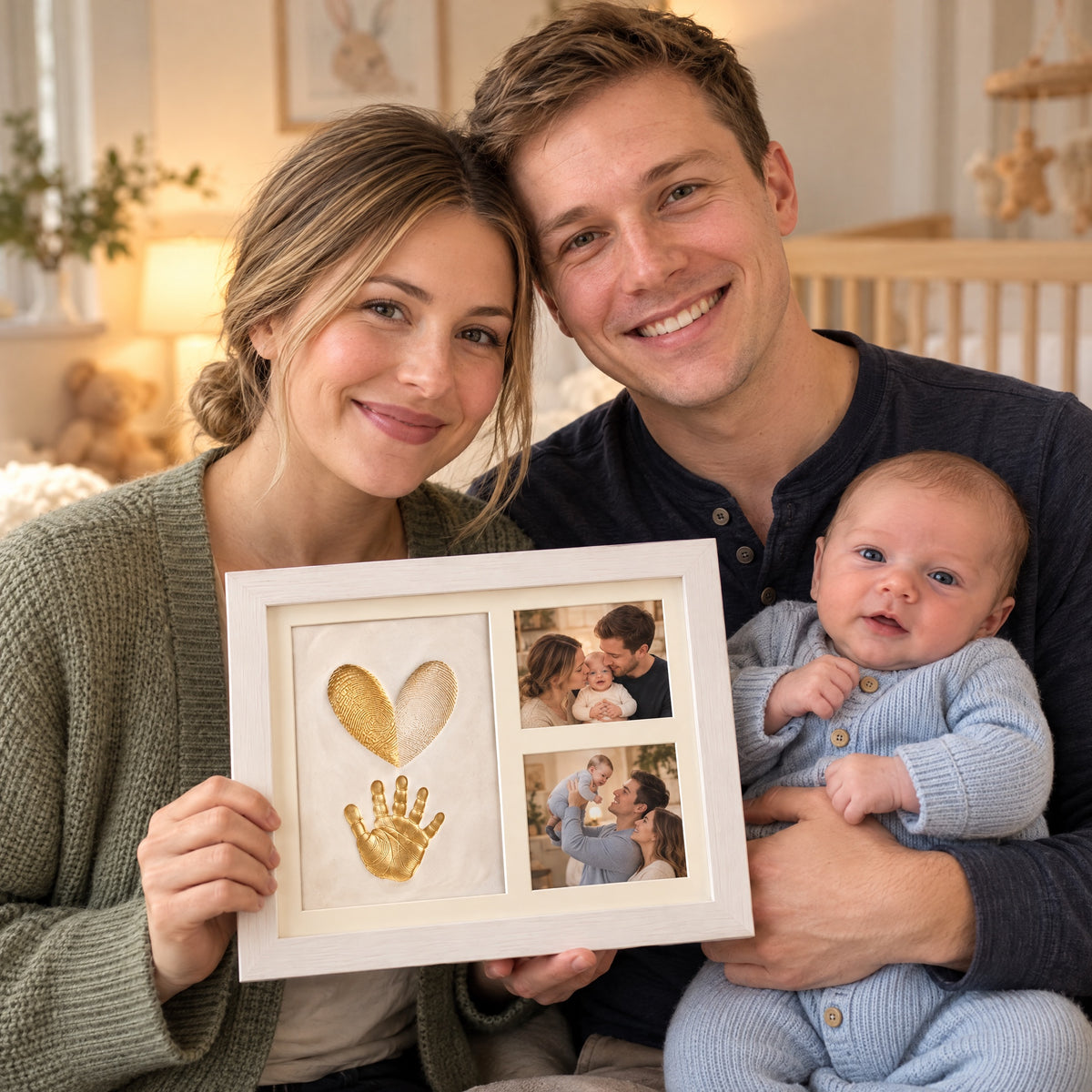 New parents with their baby and the EverHands frame