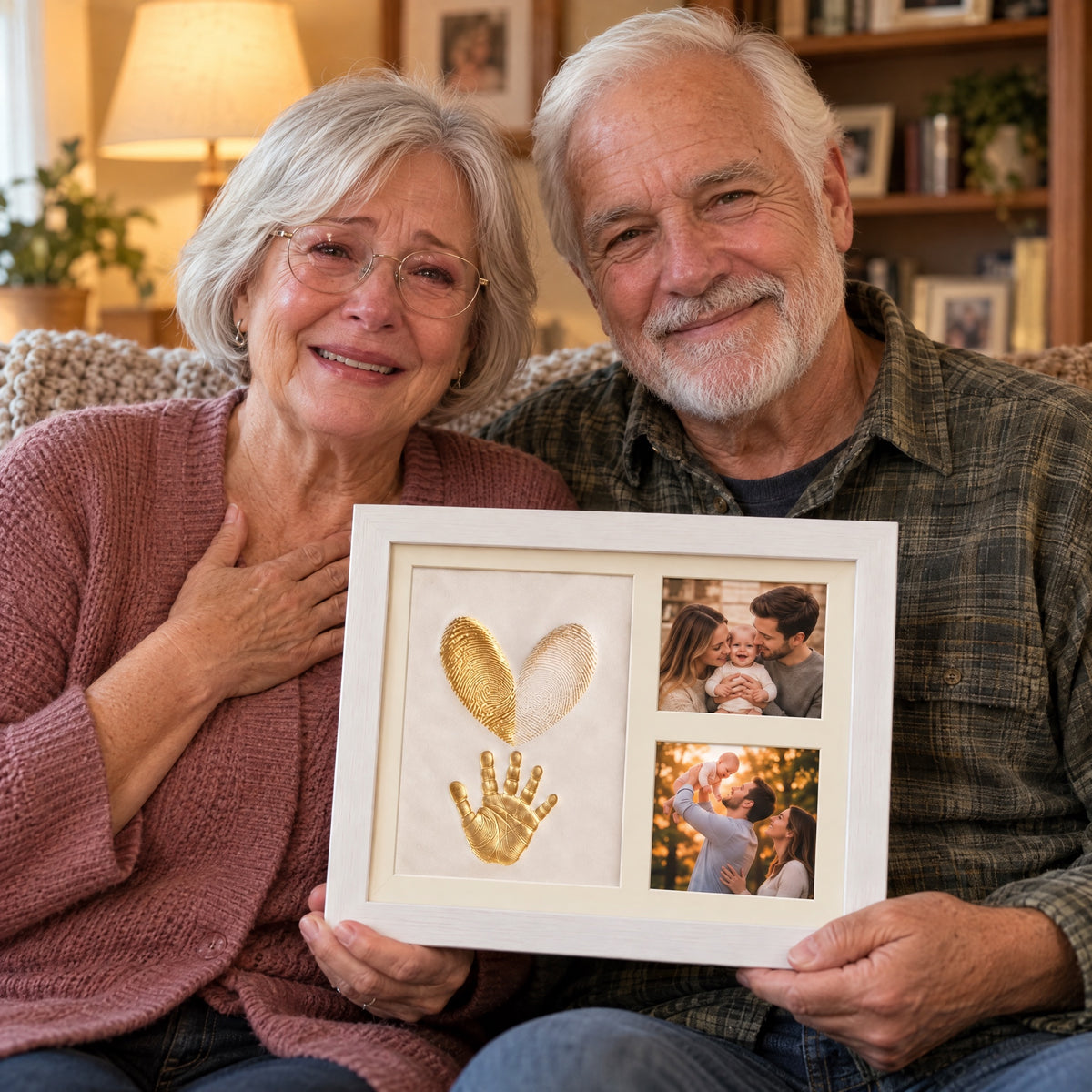 Grandparents holding their EverHands keepsake