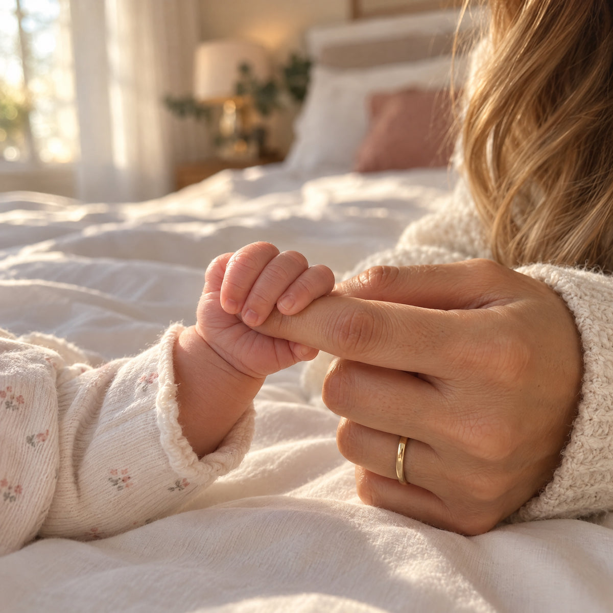A newborn's tiny hand holding mom's finger