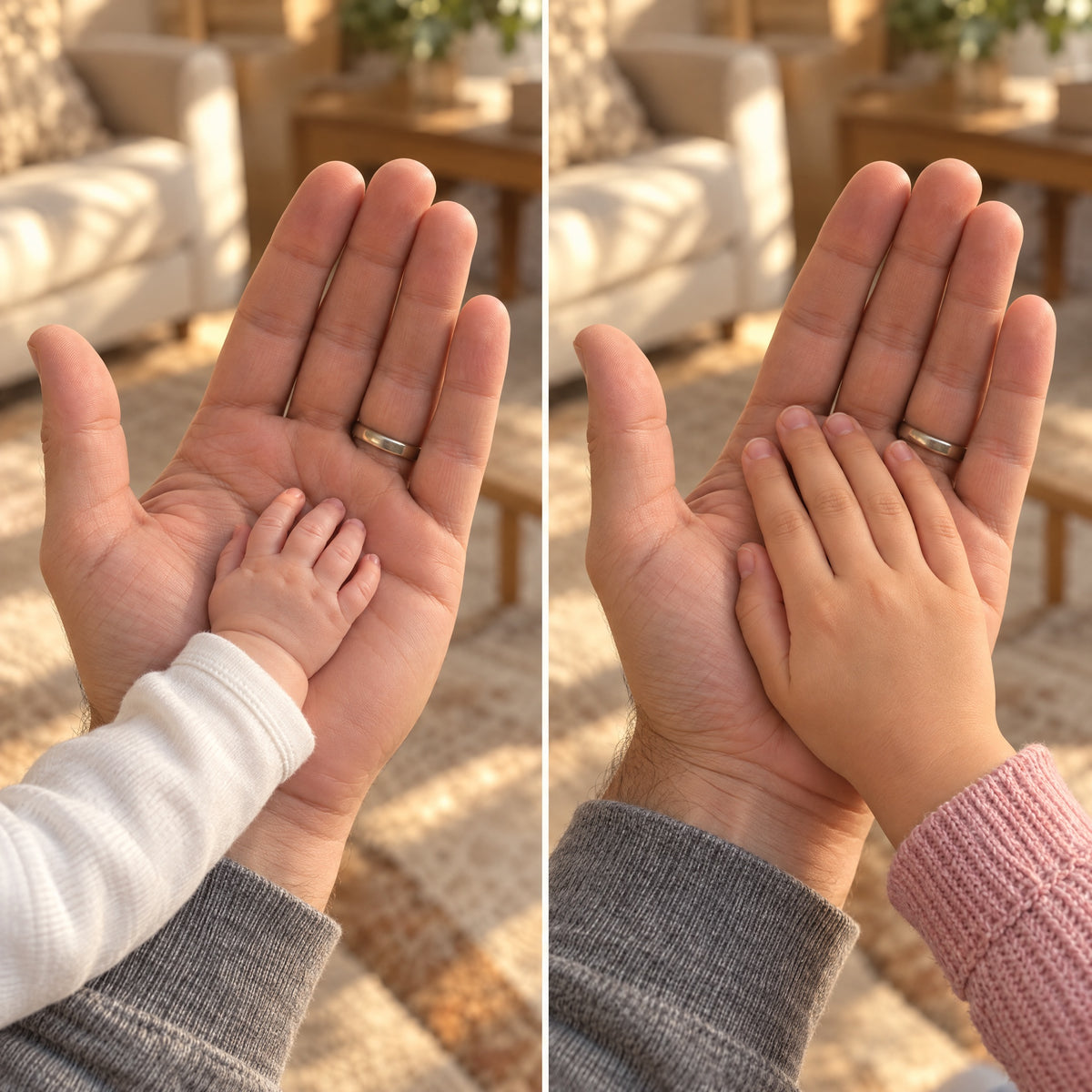 A baby's hand and a child's hand in the same dad's palm
