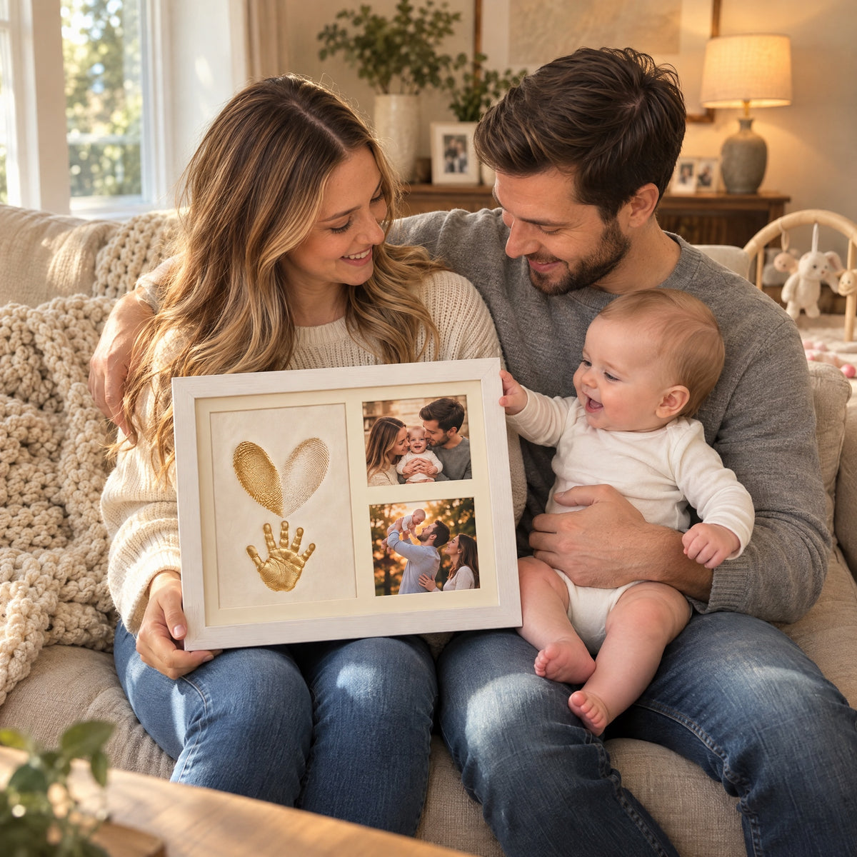 A family holding their finished EverHands keepsake frame